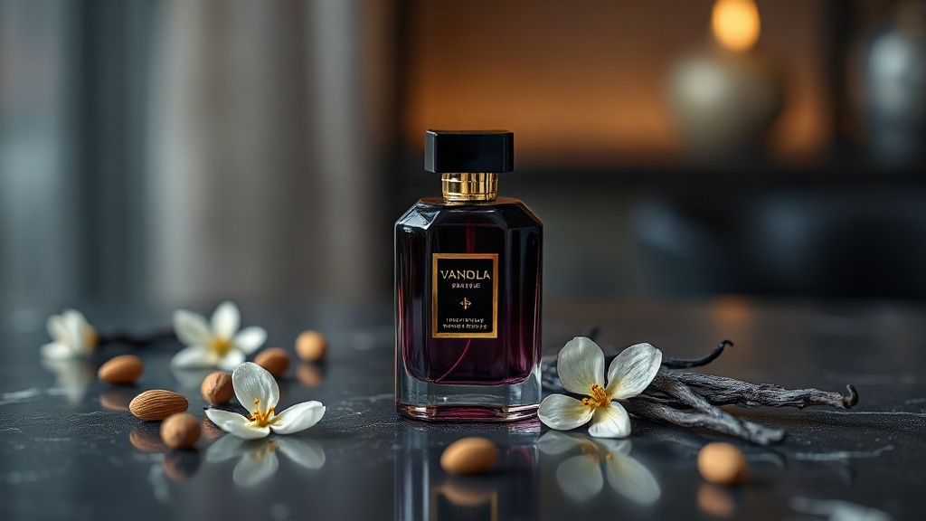elegant dark purple perfume bottle with gold accents displayed on a black marble surface with soft dramatic lighting, al