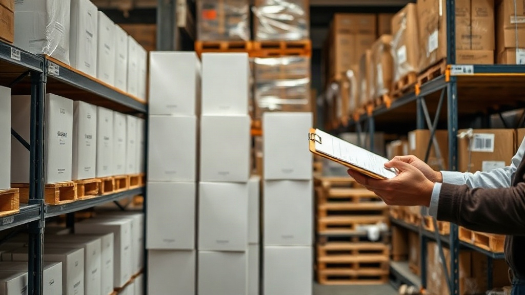 a warehouse shelf stacked with plain cardboard perfume boxes and cartons arranged in coordinated pairs, a worker's 