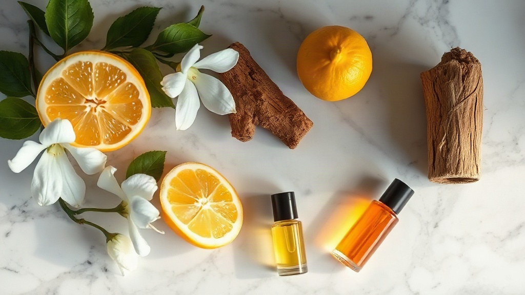 overhead photo of raw perfumery ingredients arranged on a marble surface, fresh bergamot citrus fruits cut in half, jasm