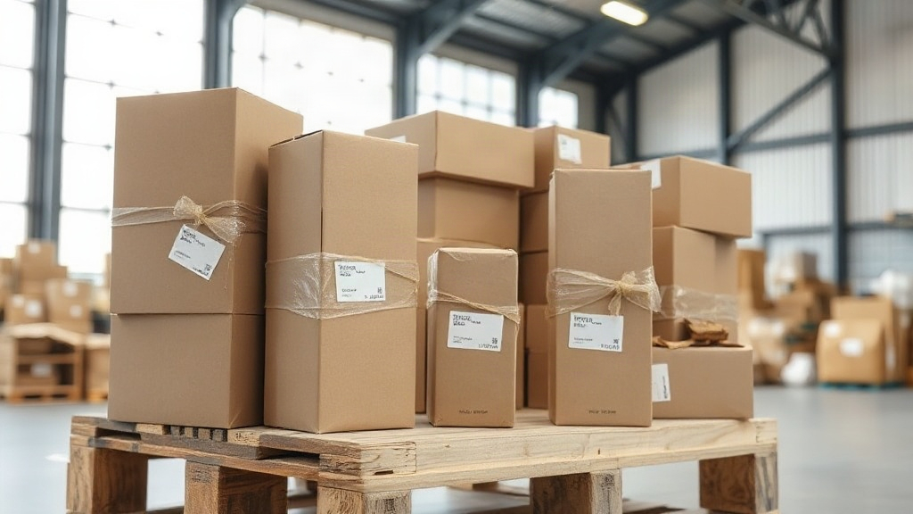 neatly stacked sealed cardboard perfume boxes of varying sizes on a wooden pallet inside a bright organized warehouse, s