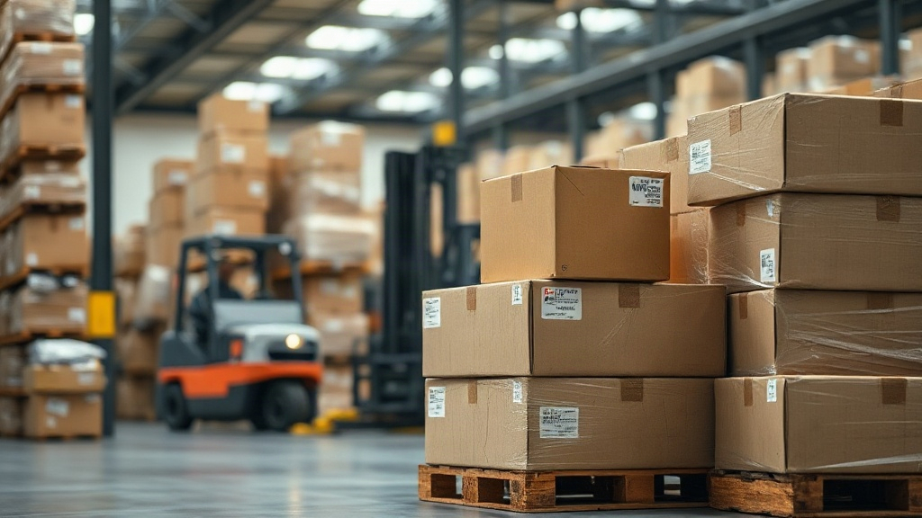 warehouse interior with stacked cardboard shipping boxes and wrapped pallets ready for dispatch, forklift in soft backgr