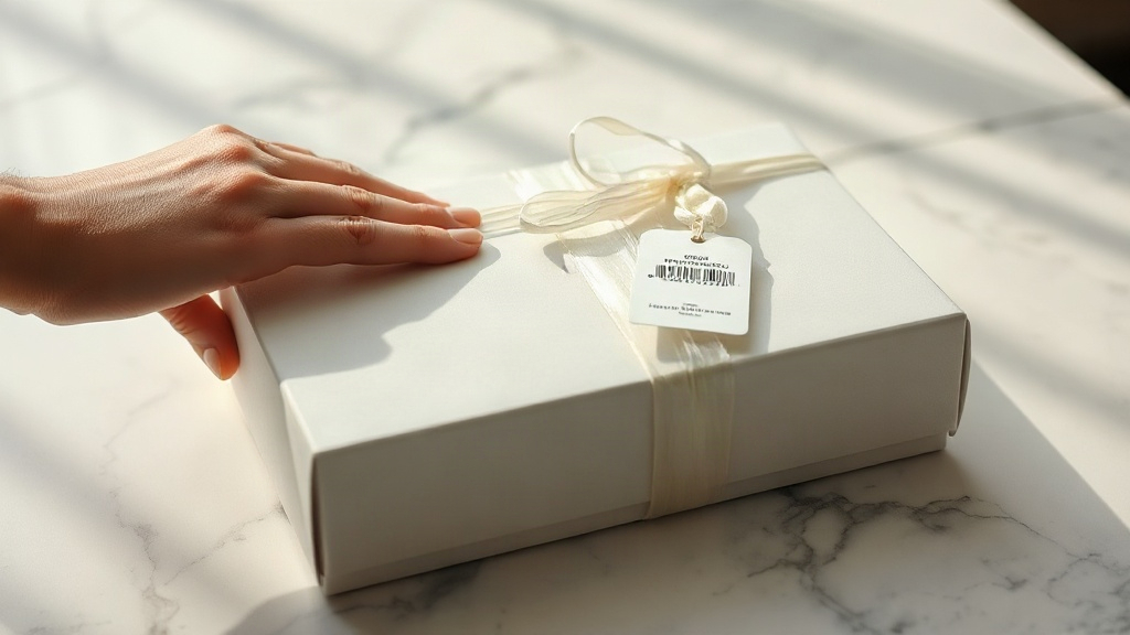 closed perfume gift box wrapped in clear cellophane on a marble countertop, a hand inspecting the authenticity seal and 