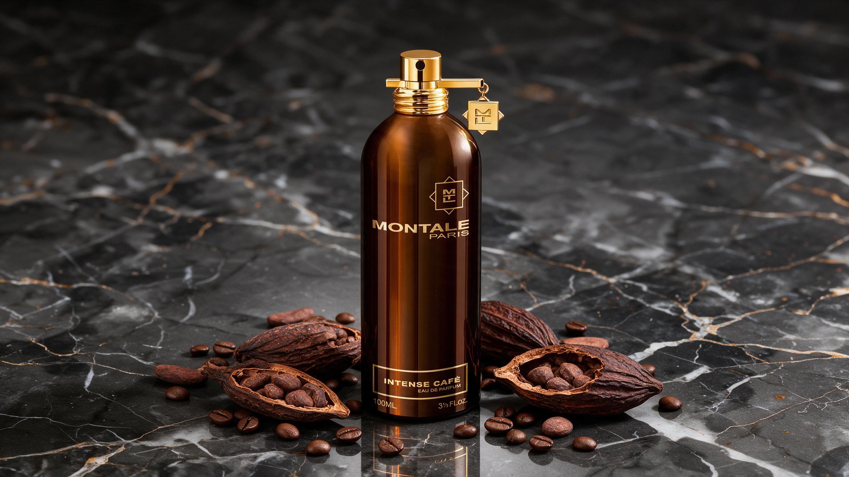 elegant Montale perfume bottle photographed on a dark marble surface with soft studio lighting, coffee beans and cacao p