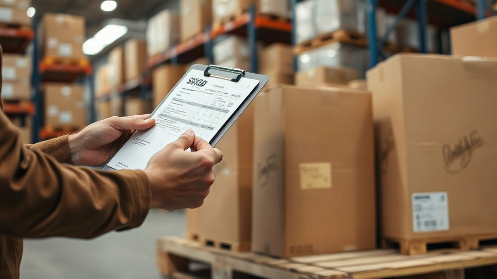 close-up photo of hands checking a shipping invoice and packing list against sealed cardboard boxes on a warehouse palle
