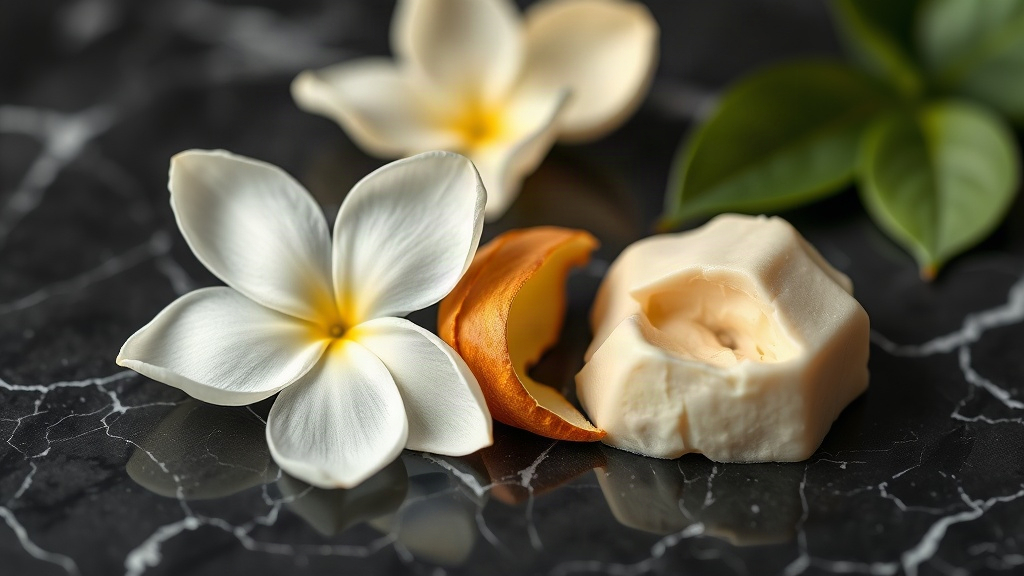 Close-up still life of fresh jasmine blossoms, bergamot peel, and shea butter raw ingredients arranged on a polished bla