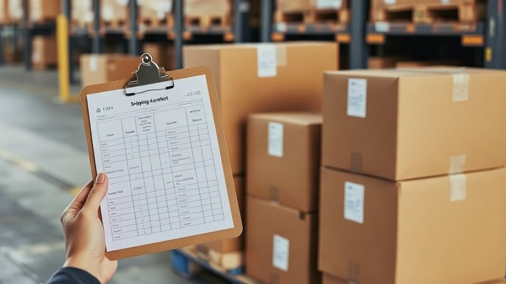 close-up of a hand holding a clipboard with a shipping manifest next to sealed cardboard boxes on a pallet, warehouse lo