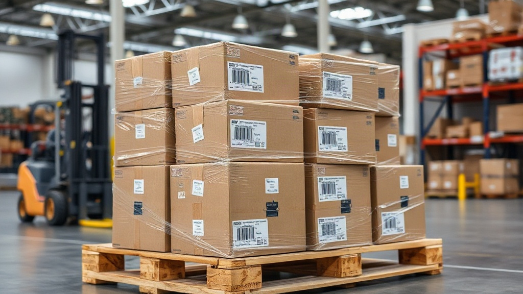 stacked sealed cardboard shipping cartons wrapped in clear plastic film with barcode labels on a wooden pallet inside a 