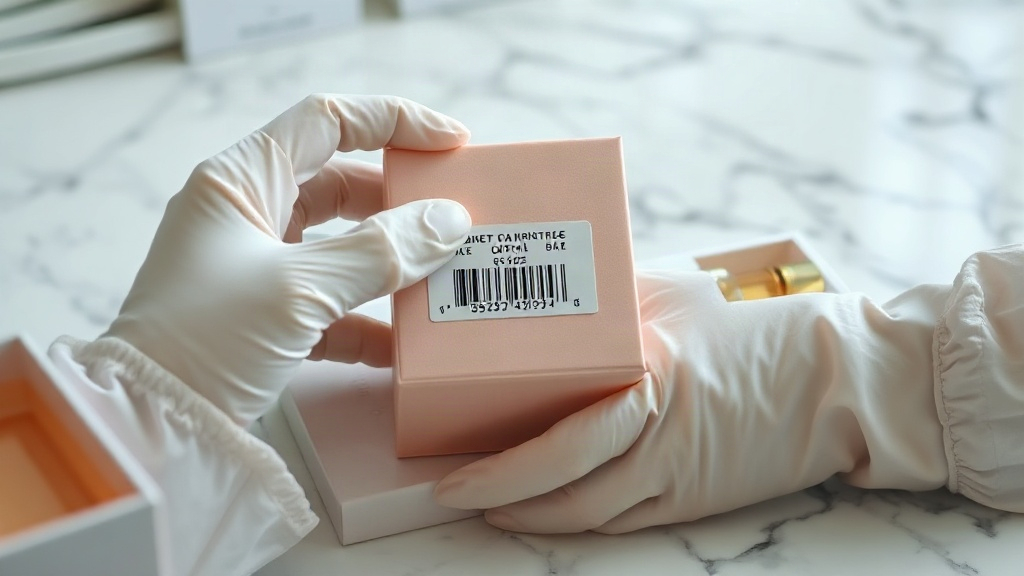 a closed elegant perfume packaging box on a marble countertop, hands wearing white gloves inspecting the printed barcode