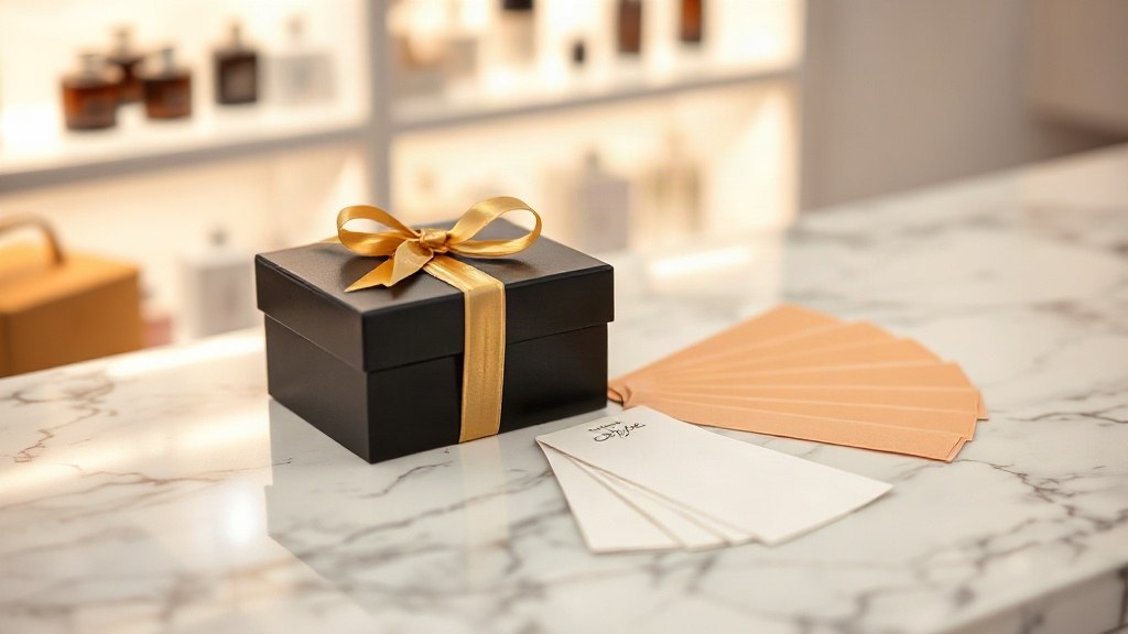 elegant black perfume gift box with gold ribbon on a marble counter, several fabric fragrance testing strips fanned out 