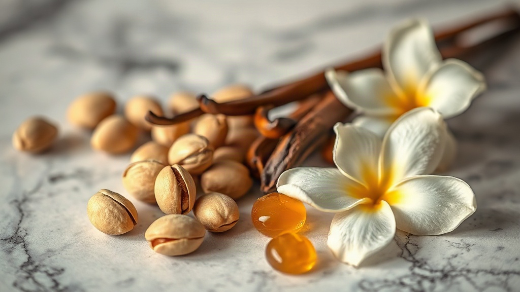 close-up of raw perfumery ingredients arranged on a marble surface — whole pistachios, vanilla pods, caramelized sugar d