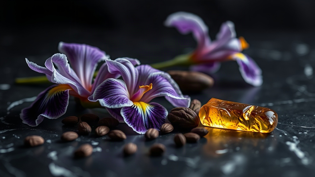 close-up of iris flowers, dark cacao nibs, and amber resin arranged on a black marble surface with soft dramatic side li