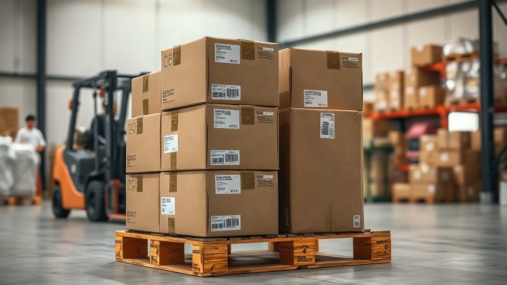 cardboard shipping boxes stacked on a wooden pallet inside a logistics warehouse, shipping labels and packing tape visib
