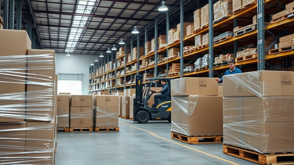 wide interior shot of a modern logistics warehouse, rows of sealed cardboard shipping boxes stacked on wooden pallets wr