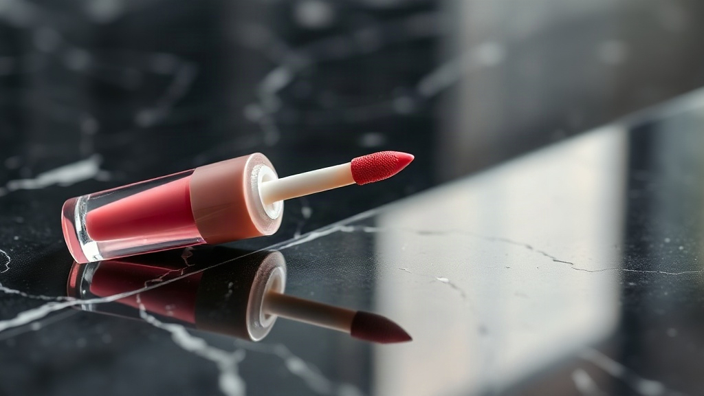 Luxury lip gloss applicator wand with glossy pink-tinted product coating the tip, resting diagonally on a reflective bla