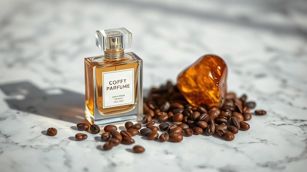 Elegant perfume gift box packaging with a coffee bean and amber resin arrangement beside it on a polished marble surface