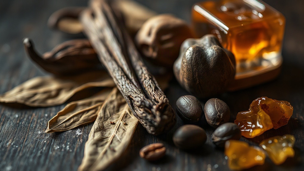 Close-up still life of dried tobacco leaves, whole vanilla pods, cacao beans and chunks of amber resin arranged on a dar