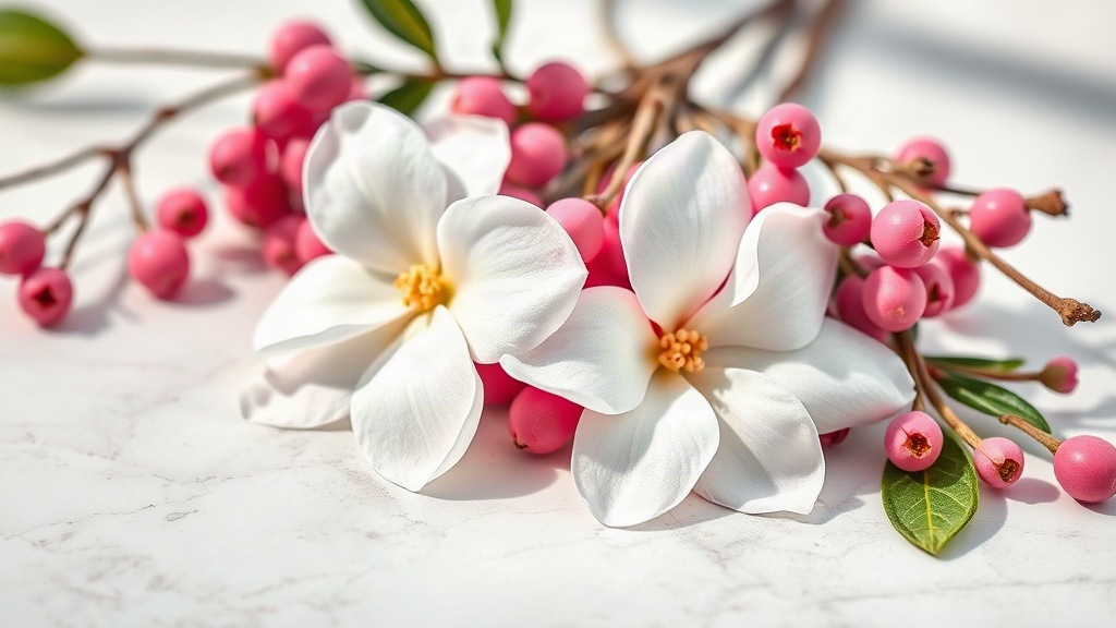 close-up of fresh jasmine flowers and pink berries arranged on a white marble surface with soft natural light, elegant p
