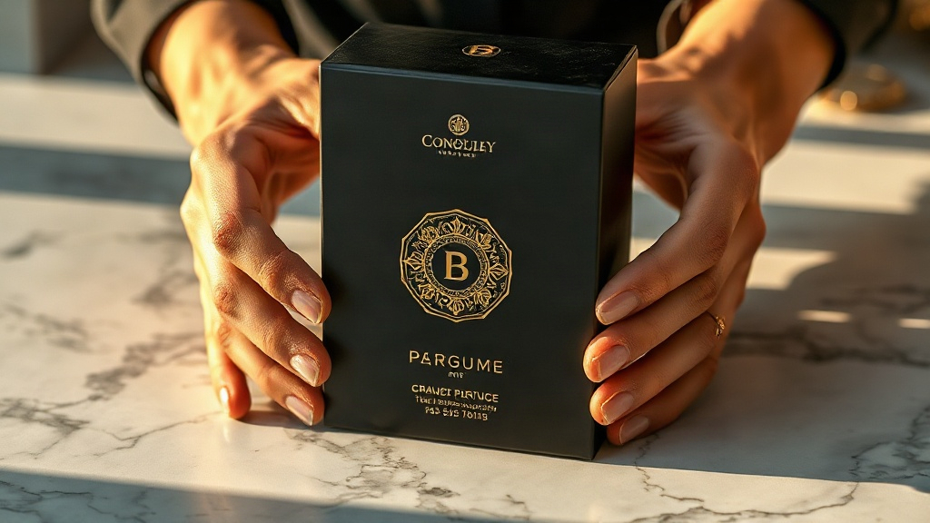 elegant black luxury perfume packaging box with gold ornamental pattern displayed on a polished marble surface, hands in