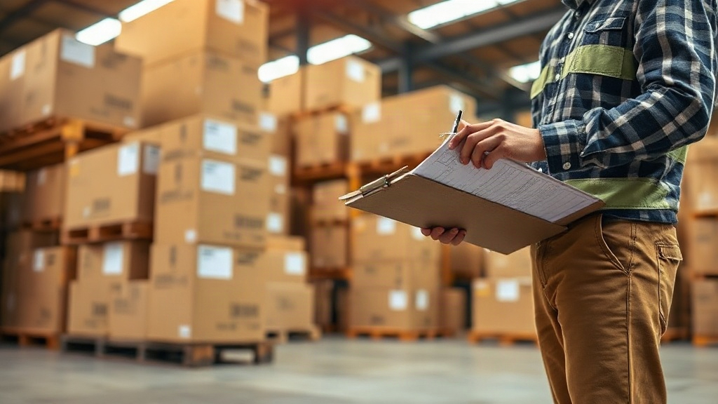 warehouse interior with stacked cardboard shipping boxes and wooden pallets, a worker's hand checking a packing lis