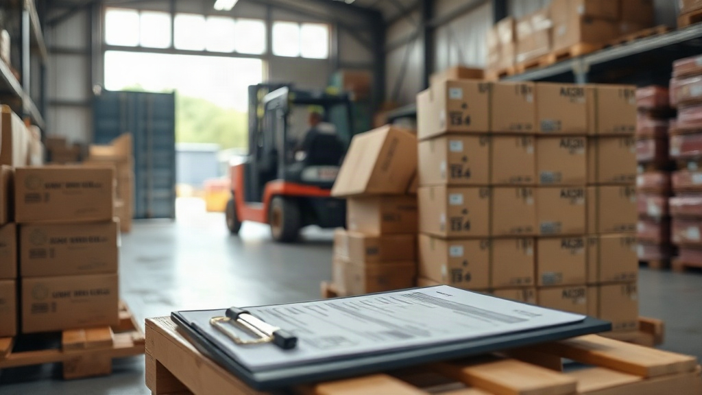 Stacked cardboard shipping cartons on wooden pallets inside a logistics warehouse near an open shipping container, a for