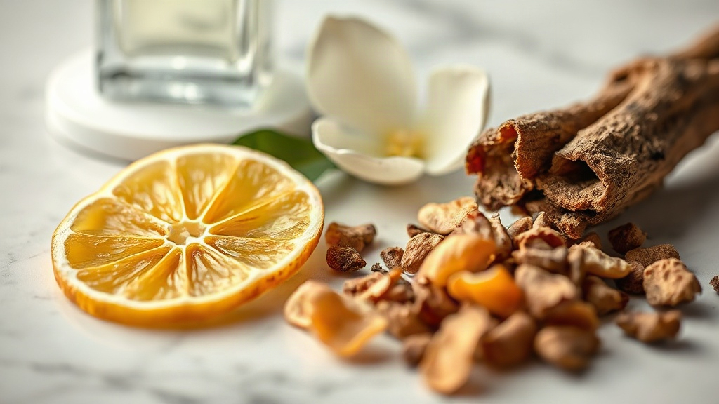 macro photography of raw perfumery ingredients — bergamot peel slices, fresh jasmine blossoms and oud wood chips — arran