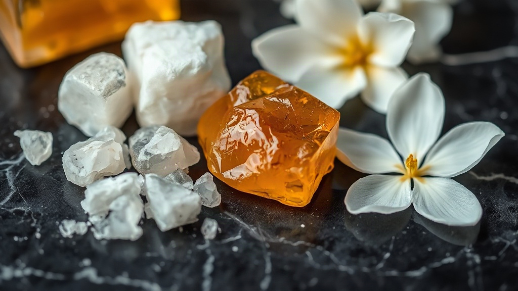macro close-up still life of white musk crystals, chunks of raw amber resin, and delicate white orange blossom petals ar