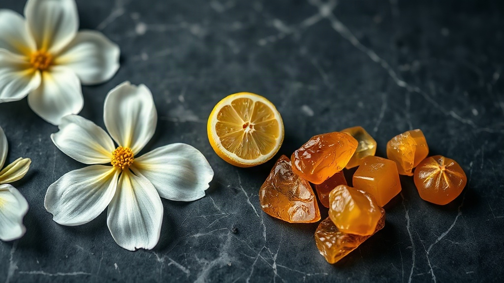 macro flat lay of fresh jasmine petals, bergamot citrus fruit cut in half, and raw amber resin chunks arranged on a dark
