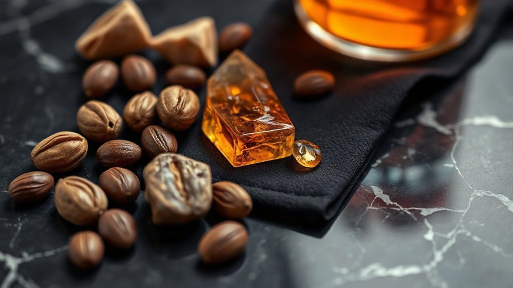 close up product style still life of luxury perfumery raw materials, tonka beans, amber resin chunks and a small swatch 