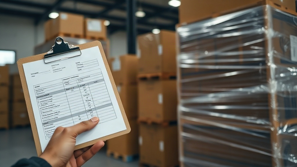 close-up of a hand holding a clipboard with a shipping manifest next to stacked cardboard boxes and a plastic-wrapped pa