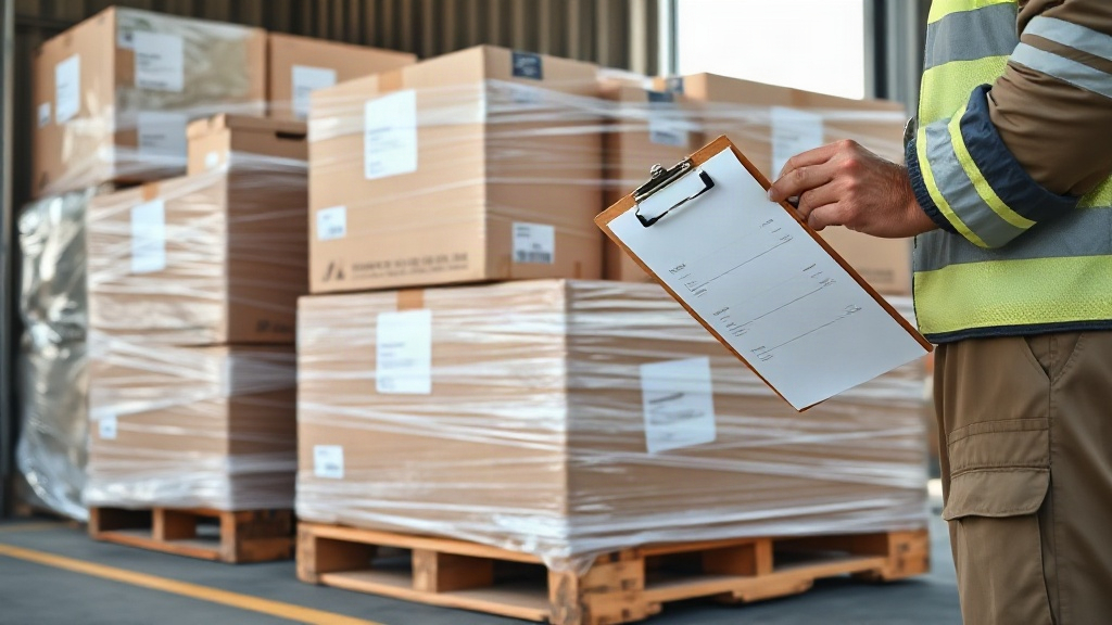 Photograph of a cargo shipment dock with sealed corrugated cardboard boxes stacked on a pallet wrapped in stretch film, 