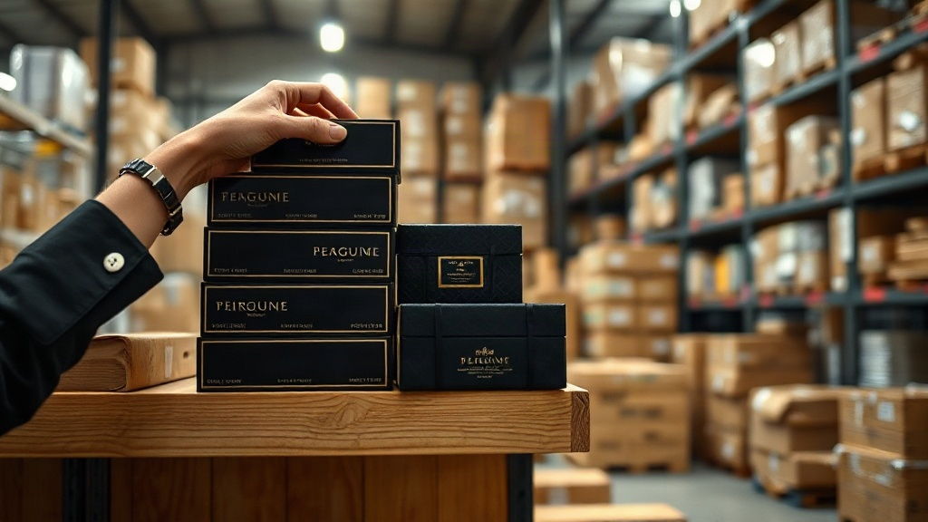 stacked elegant perfume packaging boxes on a wooden shelf inside a wholesale warehouse, a hand inspecting one box, organ