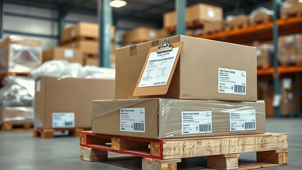warehouse logistics scene with sealed cardboard shipping boxes stacked on a wooden pallet, shrink wrap and fragile handl
