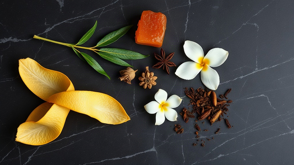 flat lay of raw perfumery ingredients on a dark marble surface, bergamot peel, amber resin chunks, dried spices, a sprig