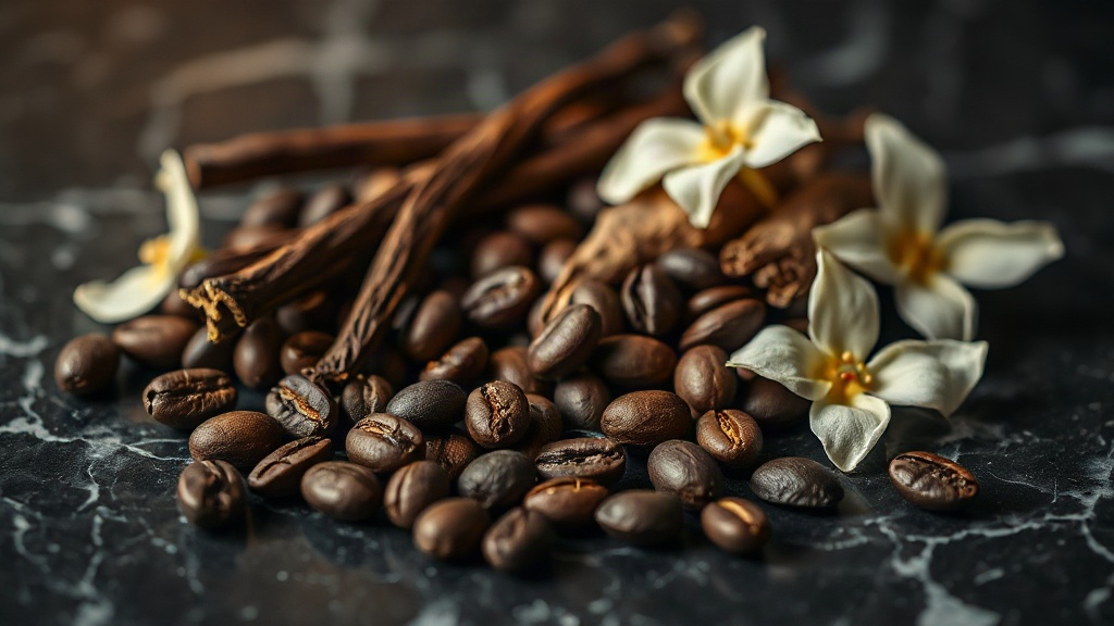 Close-up still life of coffee beans, vanilla pods, dried licorice root and white jasmine flowers arranged on a dark poli