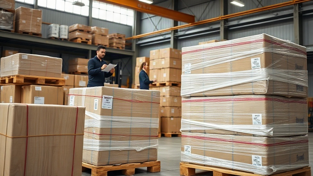 warehouse interior with stacked cargo boxes and wrapped pallets ready for export shipment, a forklift in the background,