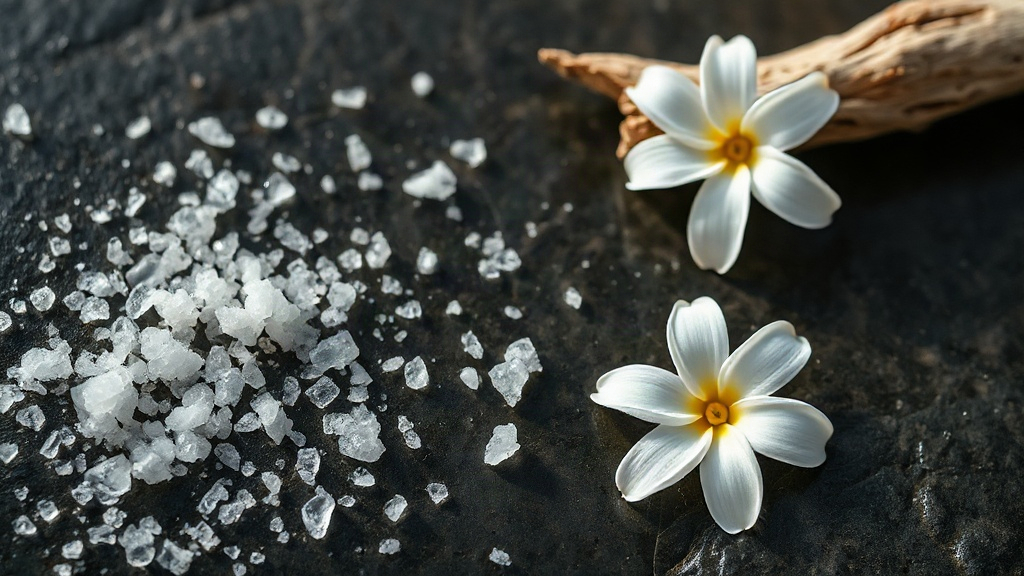 sea salt crystals scattered on a dark wet stone surface beside fresh jasmine blossoms and a piece of pale driftwood, sof