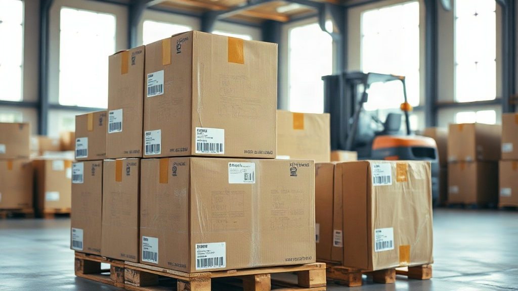warehouse interior with wooden pallets stacked with sealed cardboard shipping boxes, forklift in the background, shippin