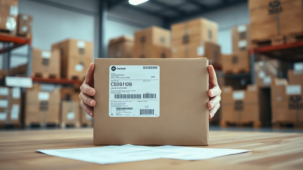 Close-up of hands inspecting a sealed cardboard shipping carton with a customs declaration label and shipping documents