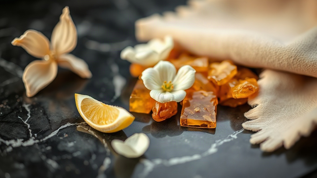 macro photograph of raw perfume ingredients arranged on a dark marble surface, bergamot peel, white jasmine blossoms, am