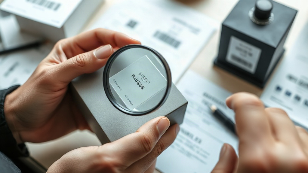 close-up of hands inspecting a perfume box with a magnifying glass, checking a batch code and authentication hologram se