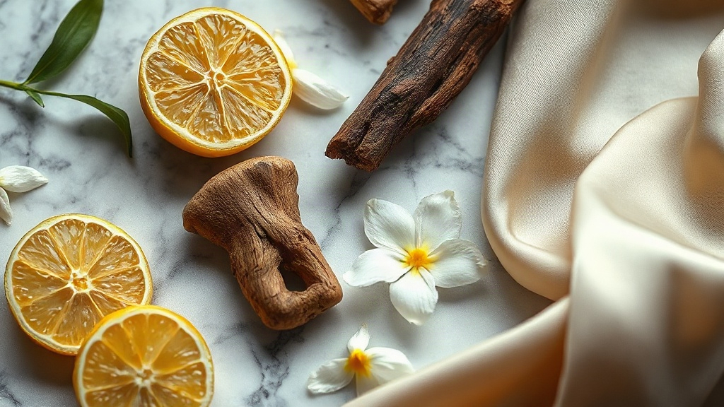 close-up of raw perfumery ingredients arranged on a marble surface, fresh bergamot slices, jasmine blossoms, a chunk of 