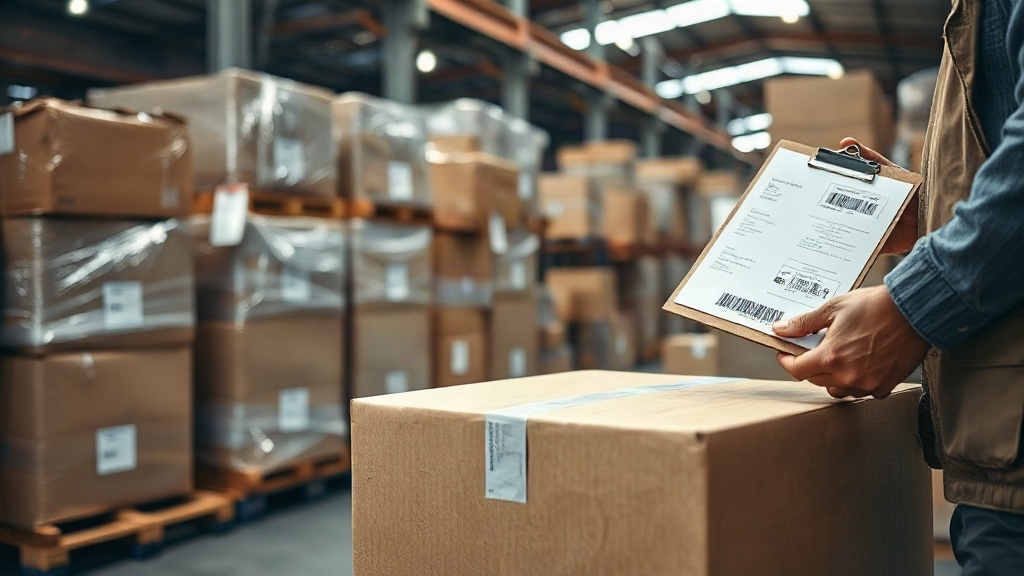 warehouse pallets wrapped in stretch film, sealed cardboard shipping boxes with barcode labels, a worker's hands ch