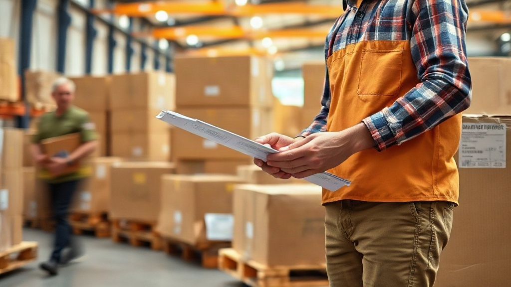 hands of a warehouse worker checking a clipboard inventory list next to sealed cardboard cartons on wooden pallets in a 