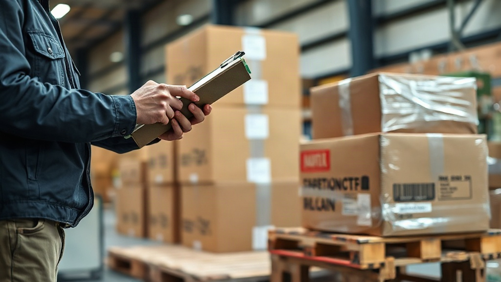 warehouse worker's hands checking a shipping manifest clipboard next to stacked cardboard export cartons on a woode
