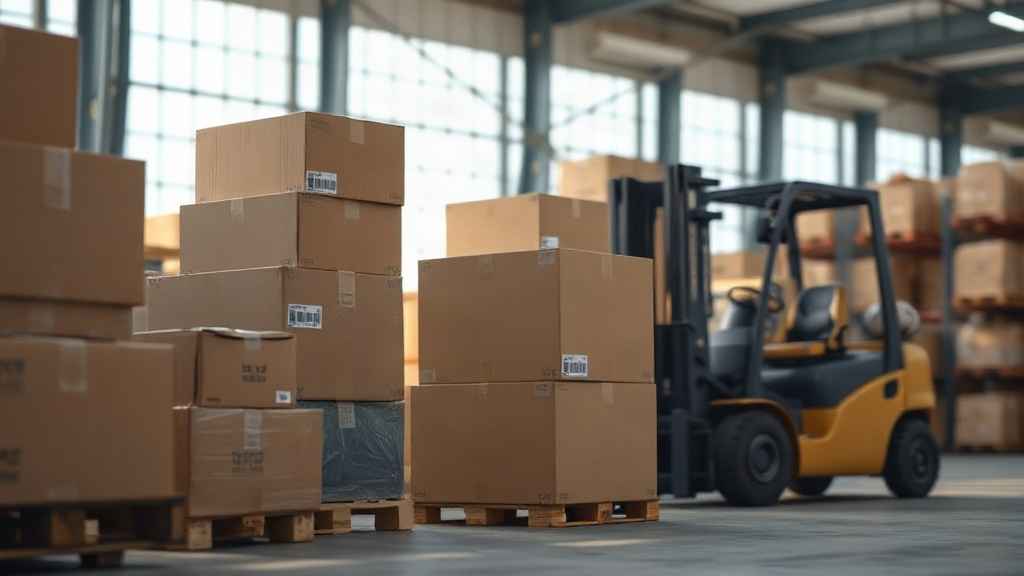 warehouse interior with stacked cardboard shipping boxes and wooden pallets, forklift in soft background blur, industria