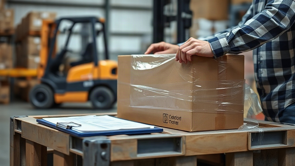 warehouse worker's hands wrapping cardboard shipping boxes in stretch film on a pallet, forklift blurred in the bac