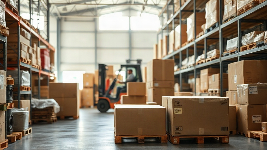 wide interior shot of a wholesale warehouse with stacked wooden pallets, sealed cardboard shipping cartons, industrial s