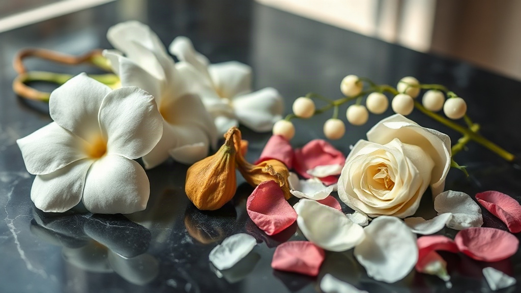 Close-up still life of fresh jasmine blossoms and rose petals scattered beside dried bergamot peel and a sprig of lily o
