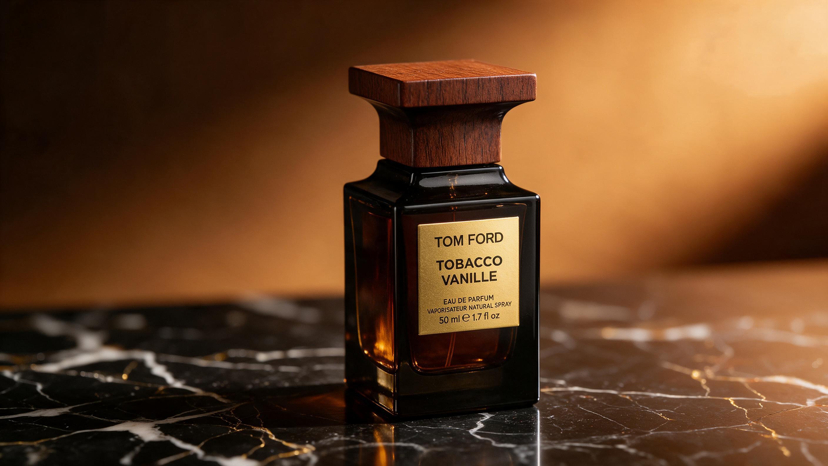 Luxury perfume bottle with square dark glass flacon and brown wooden cap standing upright on a polished dark marble surf