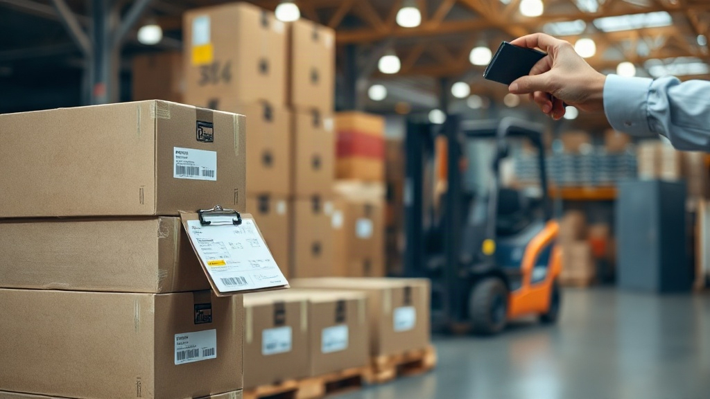 a logistics scene with sealed cardboard shipping cartons stacked on wooden pallets inside a bonded warehouse, a hand hol